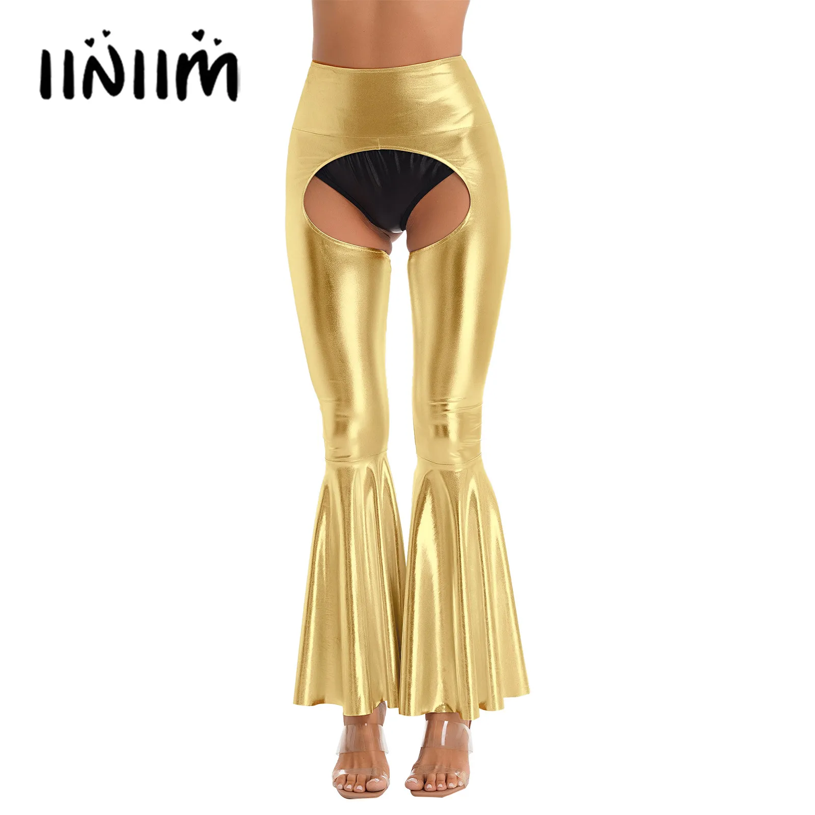 

Womens Metallic Shiny Crotchless Flared Pants High Waist Cutout Bell-Bottomed Trousers Clubwear Clubwear Music Festival Clothing