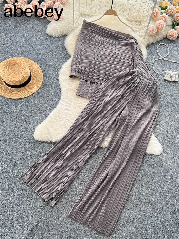 

Summer Holiday Loose Soli Two Pieces Suits Women Slash Nech Crop Top+Wide Legs Long Pants Set French Pleated Bohemian Sets