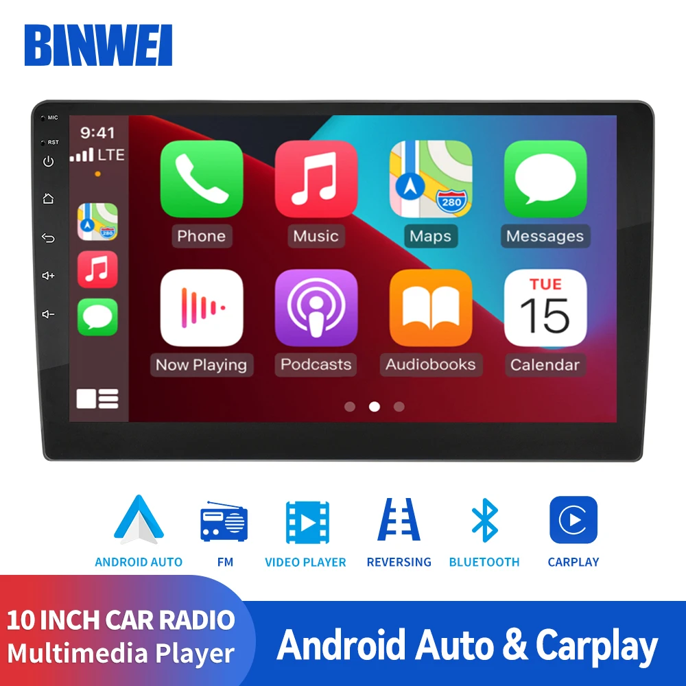 BINWEI  10.1Inch 2 DIN CARPLAY Car Stereo Video Out Touch Screen Multimedia Player Bluetooth USB Car Radio With Receiver Camera