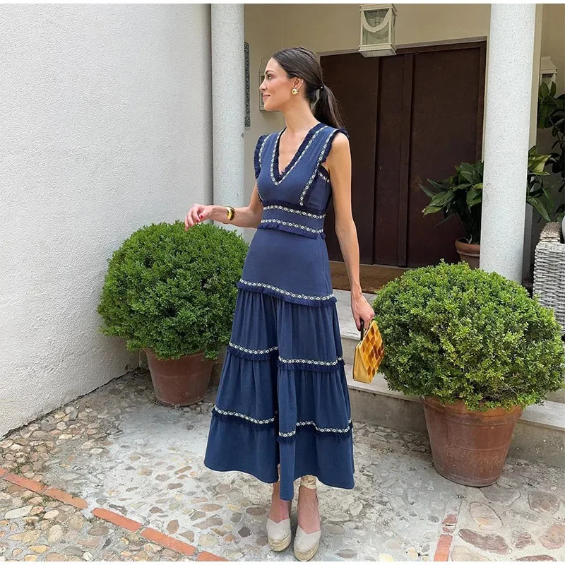 Женское винтажное платье с бахромой V-образным вырезом и воланом