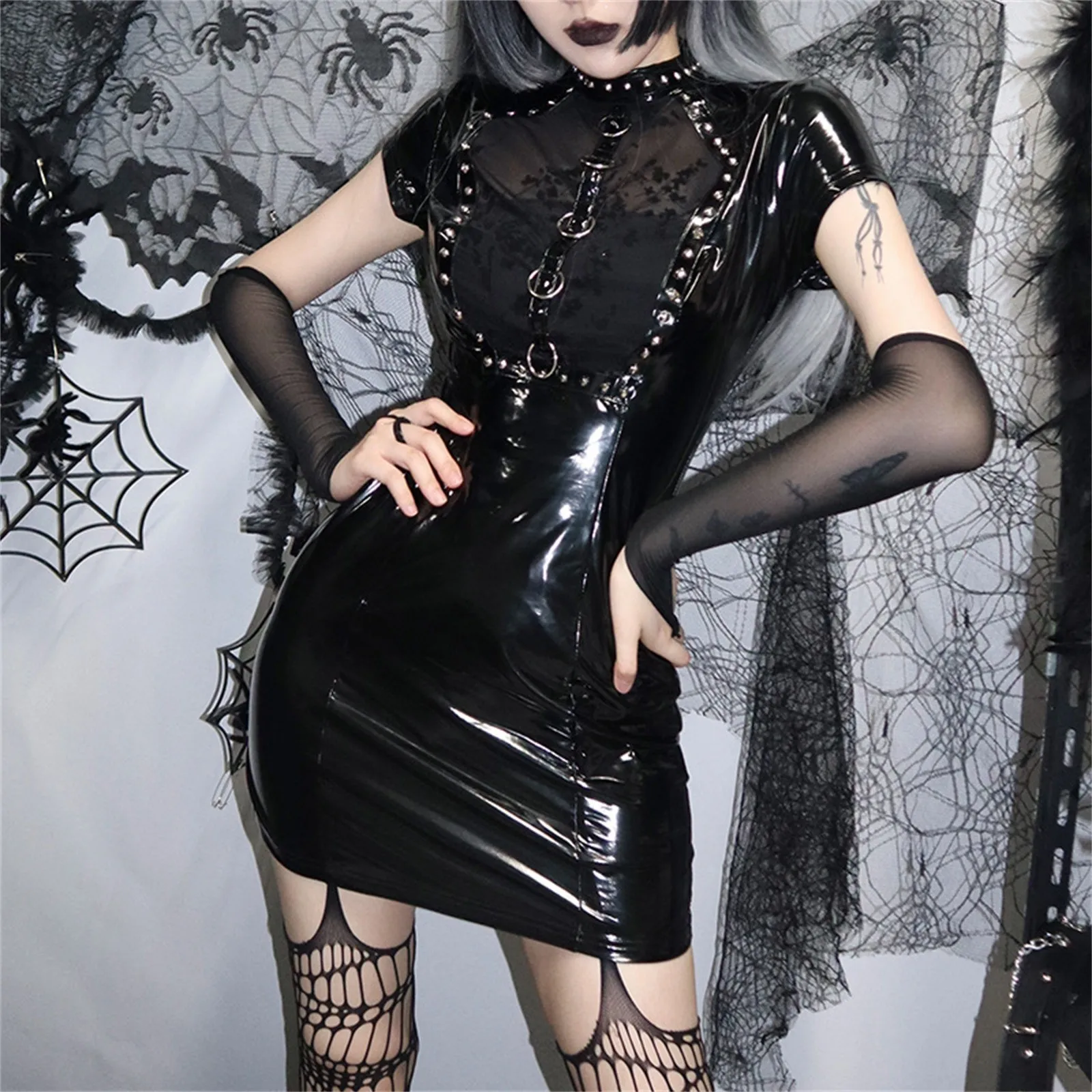 

Women's Gothic PU Dress Witch Sexy Vintage Leather Mesh Cutout Bodycon Dress For Carnival Party Women Ring Punk Black Vestidos