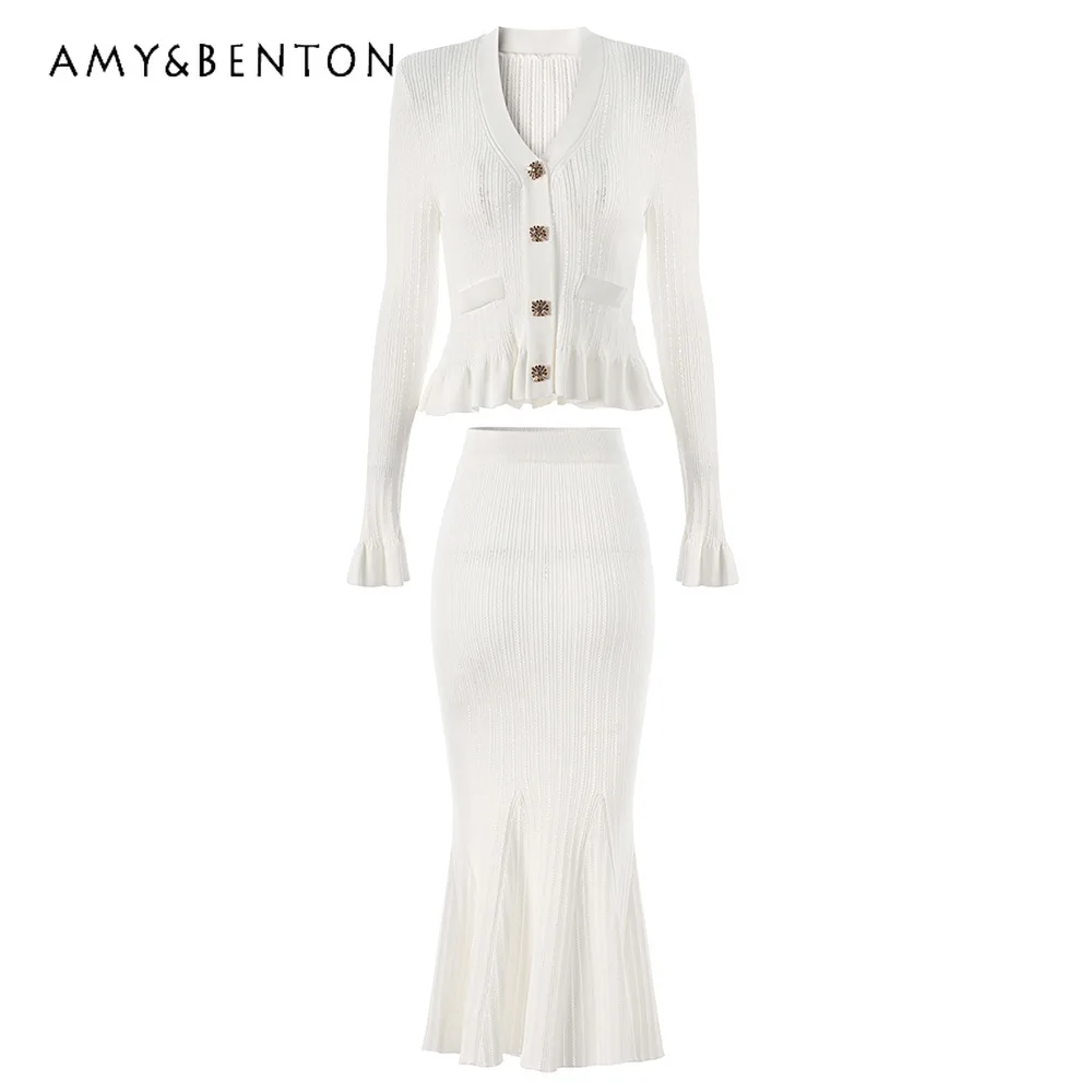 Осенний Новый элегантный трикотажный топ с расклешенными рукавами и юбка-годе