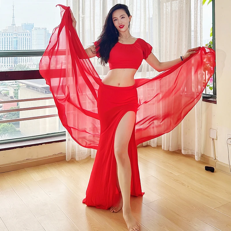 

Belly Dance Practice Clothes 2022 New Red Skirt Beginner Master Fan Plus Size Oriental Belly Dance Split Suit Modal Belly Dance