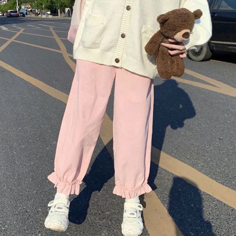 

2023 New Women Pants Japanese Style Corduroy Loose Casual Student Straight Bloomers Pink Sweet Cute Female Trousers