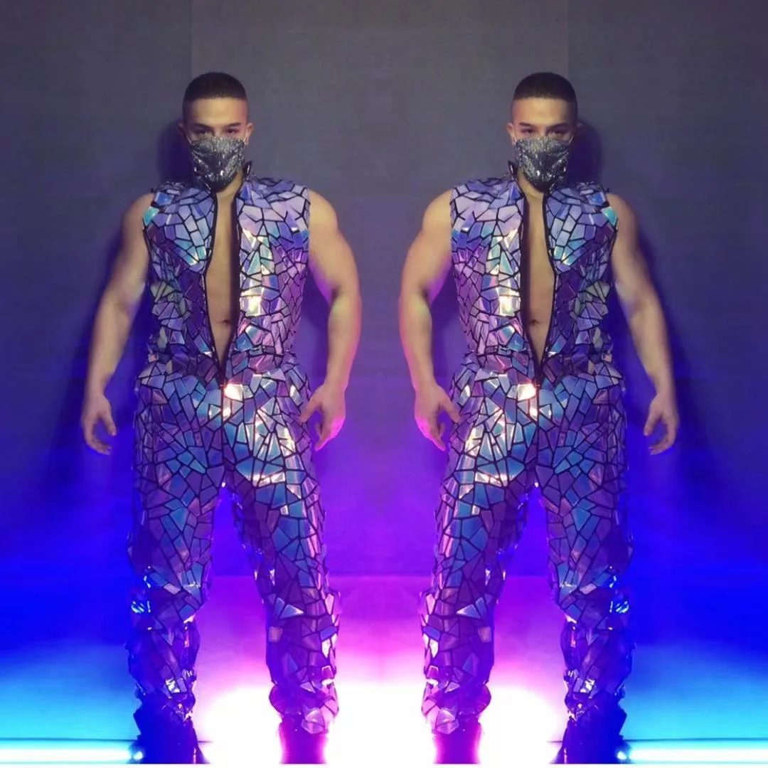 Hip Hop Dance Costume Men's Dancer Groups Singer Performance Glitter Laser Sequins Sleeveless Jumpsuit Bar Nightclub Stage Wear