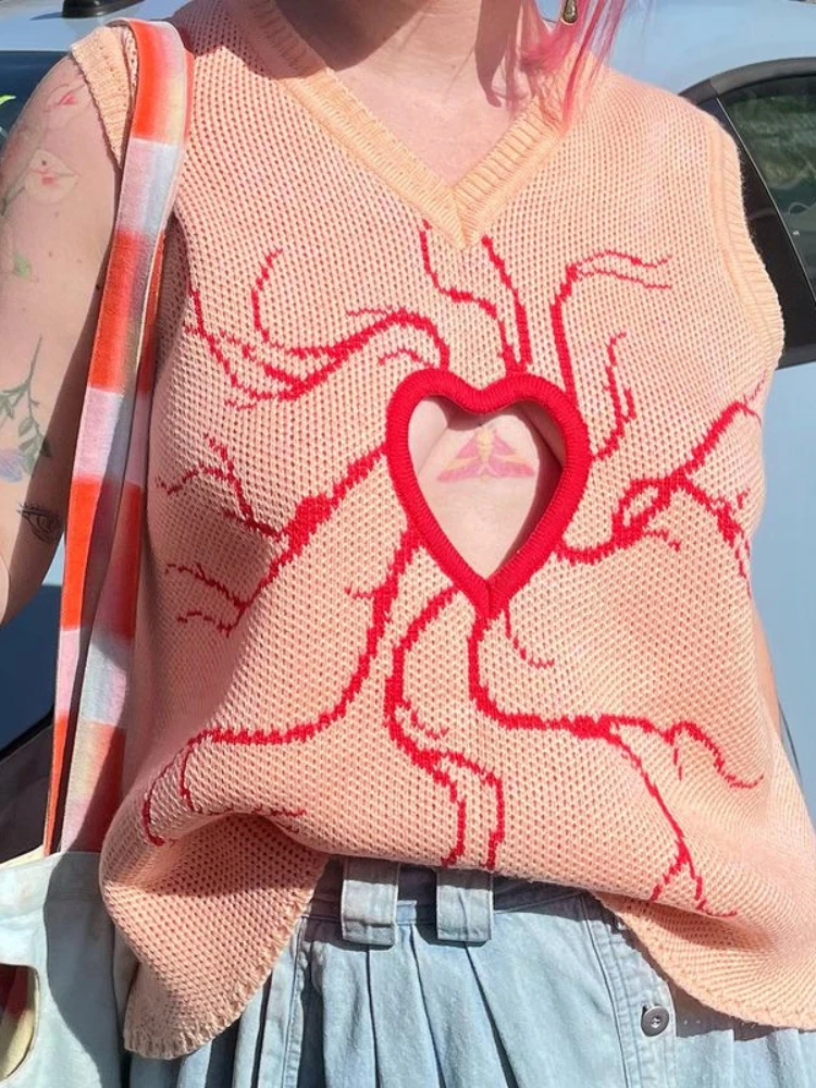 

WeiYao Vest Sweater Women Autumn Winter Heart Hollow Out Sexy Sweaters V Neck Sleeveless y2k Streetwear Woolen Vest Warm