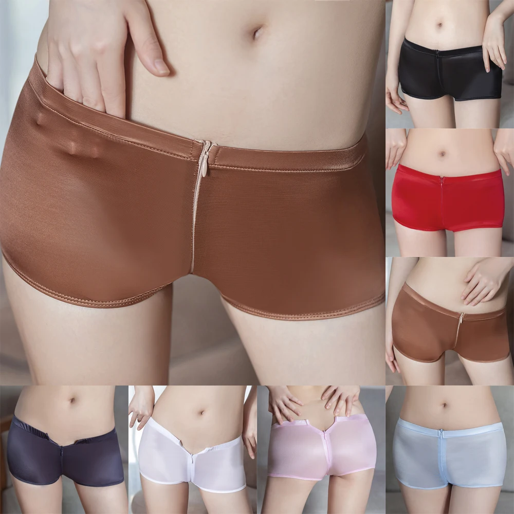 

Women Sexy Sheer Lingerie Briefs Open Crotch Zipper Boyshorts Underwear Panties Adjustable Solid Translucent Underpants Elastic