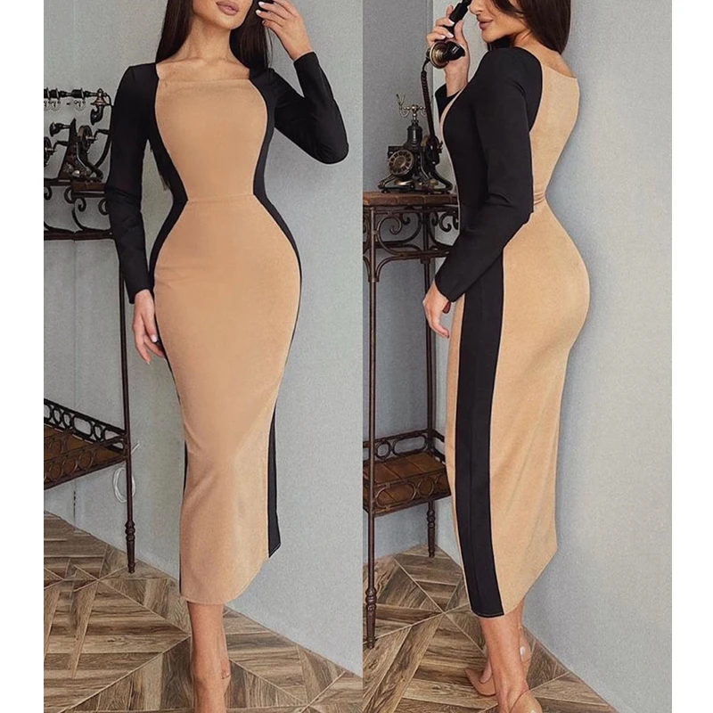 

Women's Dress Spring Autumn Fashion Solid Color Slim High Waist Dress Women Casual Long Sleeve Square Collar Dress Elegant Dress