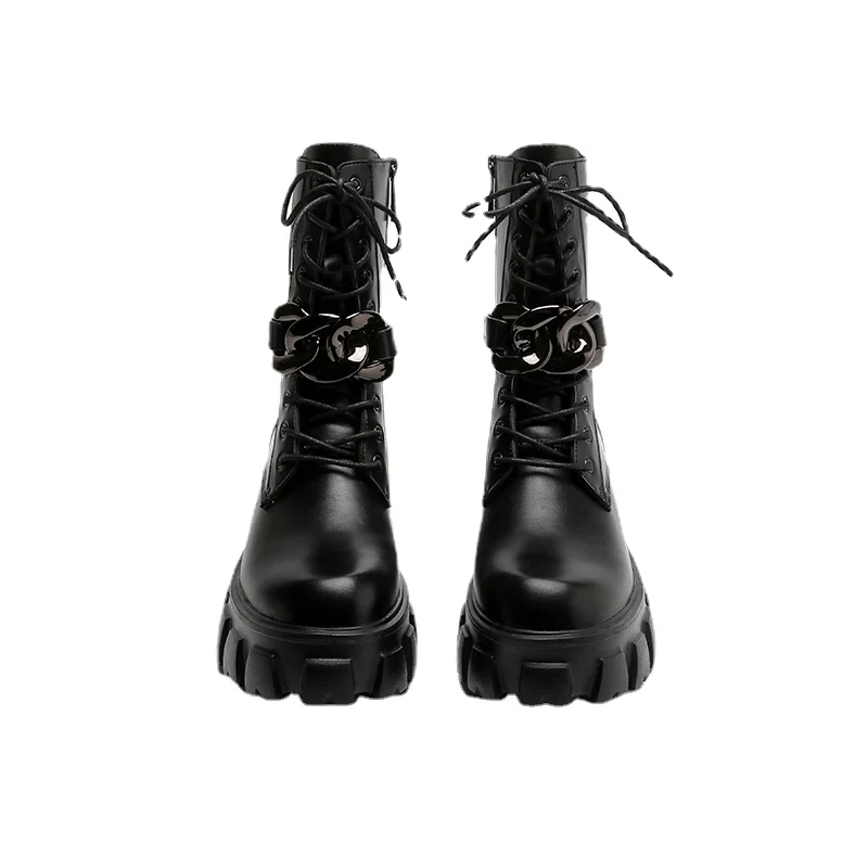 British Motorcycle Lace-up Martin Women's Vintage Knight 2022 Genuine Leather Chunky Heel Platform Ankle Boots