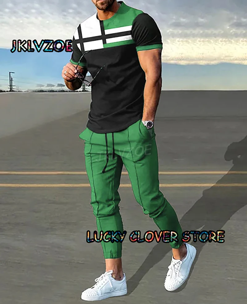 2023 Men Purple Stripe Multicolour Tracksuit 2 Piece Sets T-shirts+Pants Man Outfit Summer Suit Print Casual Sportswear Clothes