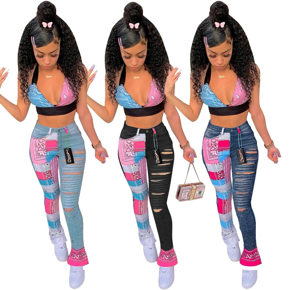 Women Bandanna Patchwork Cut Out Hole Bell Pasiley Buttom Wide Leg Jeans High Street Leggings Flare Denim Draped Denim Trousers