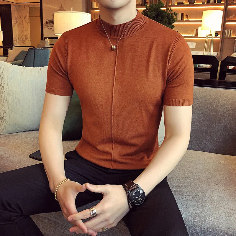 

7 Colors Half High Collar Men T-shirt New Spring Short Sleeve Solid Color Sweater Pullover T Shirt Slim Knitted Tees Top