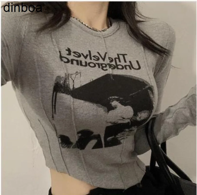 

Dinboa-2022 Retro Fashion Short Printed Long Sleeve T-shirts Women Korean Style Simple Design Top Lazy Sexy Simple Y2k Clothing
