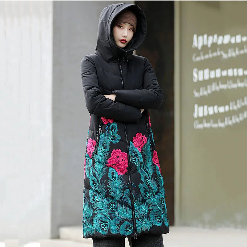 2023 Winter X-long Jacket Women Embroidery Loose Long Woman Parkas Hooded Stand Collar Cotton Padded Coat Female Overcoat