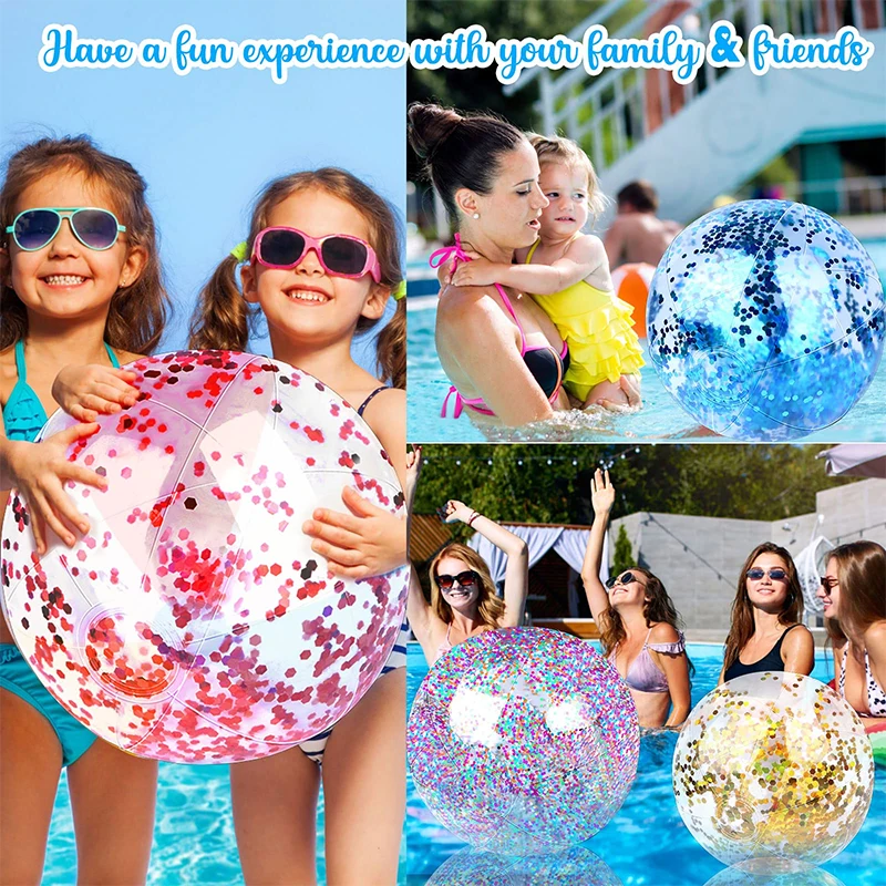 5Pcs Novelty Place Inflatable Clear Sports Beach Balls with Rainbow Sequin Glitter Confetti 40/60cm Summer Pool Party Toy - купить по