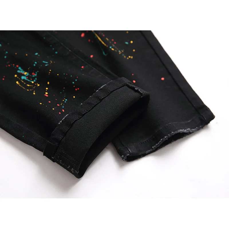 Jeans Men New Elastic Black Pants Slim Fit and Perforated Personalized Trendy Pants Men