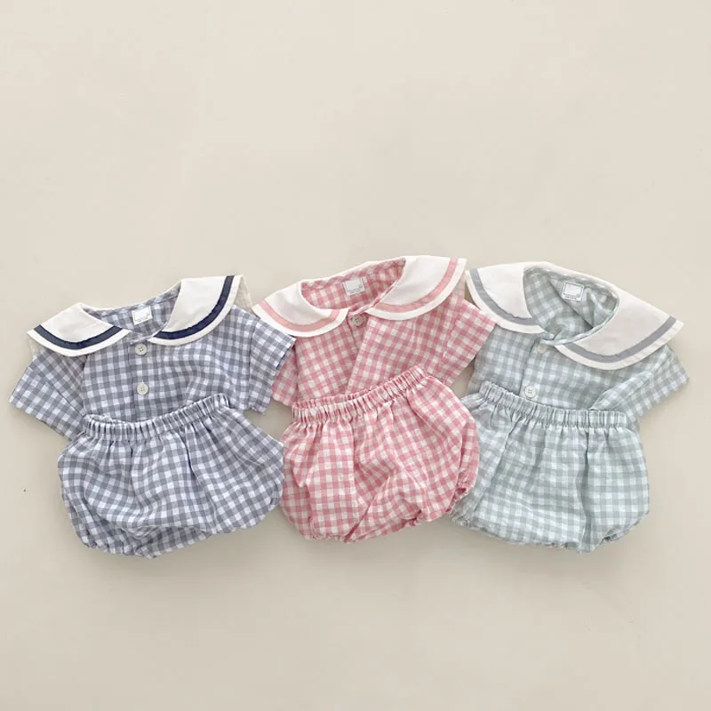 Baby Suit Girls Charm Plaid College Style Short Sleeved Top + Shorts 2pcs Summer Lapel Top 2pcs Set