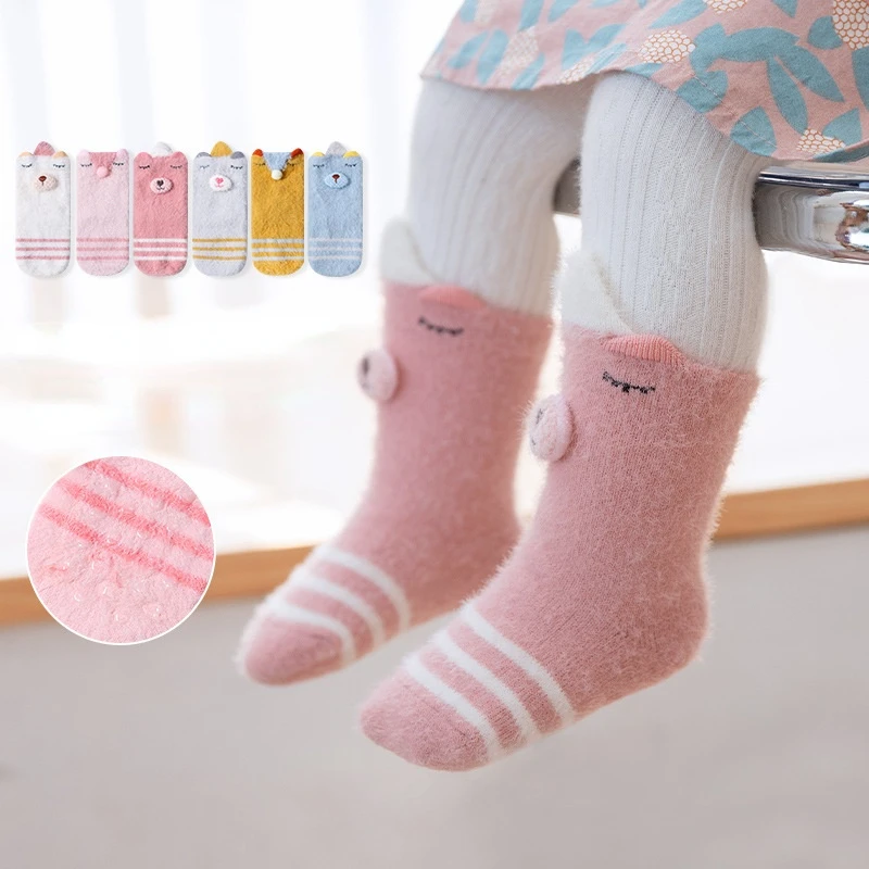 3 Pairs/Lot 0-2 Year Newborn Baby Winter Socks Cartoon Cute Mink Fleece Thicken Warm Sleep Socks Infants Children Non-slip Socks