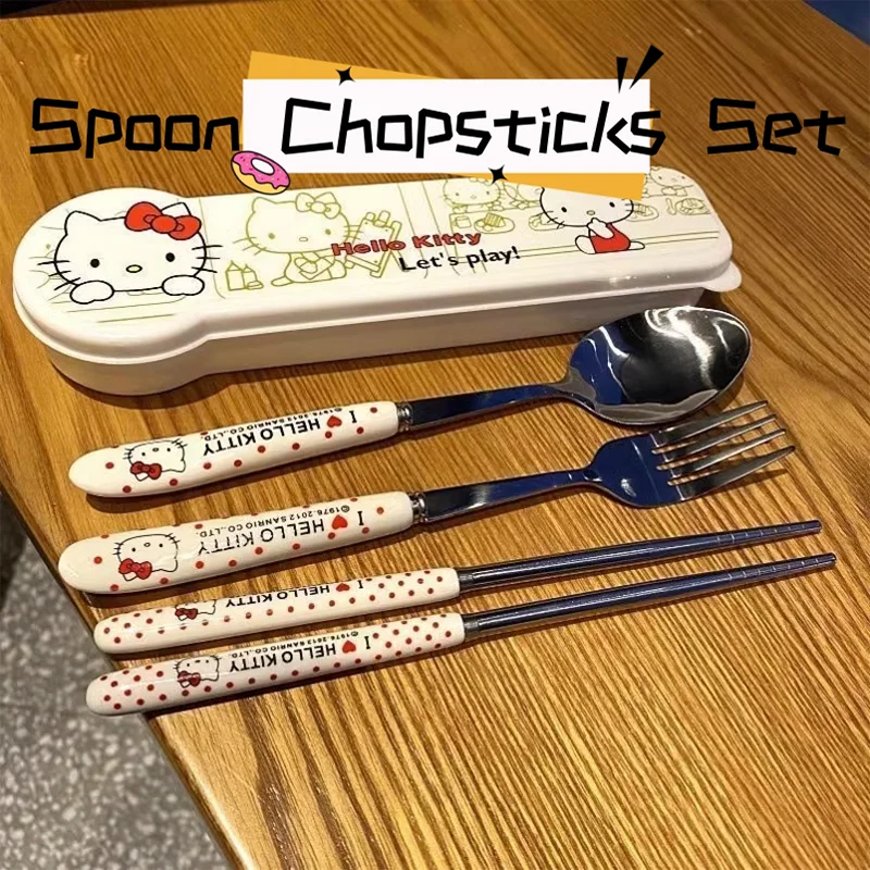 

Sanrios Spoon Chopsticks Set Hello Kitty Stainless Steel Camping Portable Student Ins Tableware Portable Temperature Resistance
