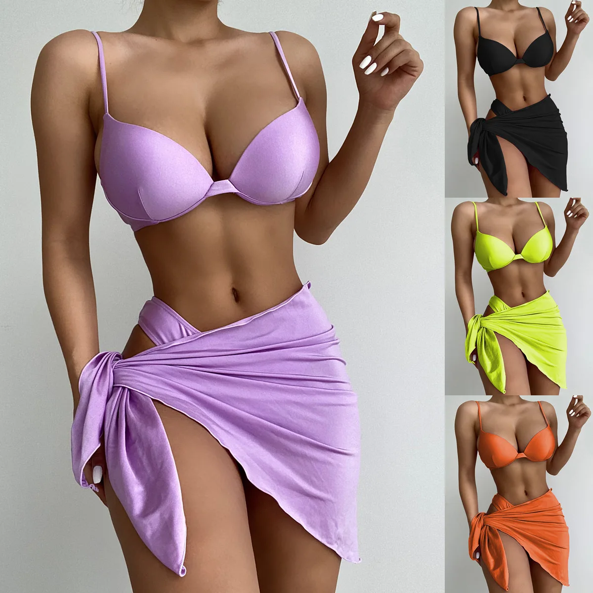 

Three Piece Swimsuit European and American Pure Color Bikini Women's Swimwear Gathering Swimwear Bikini
