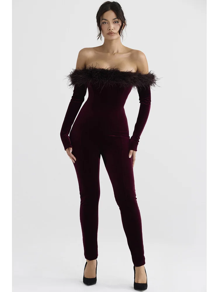 

BEVENCCEL Sexy Off Shoulder Feather Jumpsuit Elegant Burgundy Slash Neck Velvet Feather Long Sleeve Bodysuit Club Party Jumpsuit