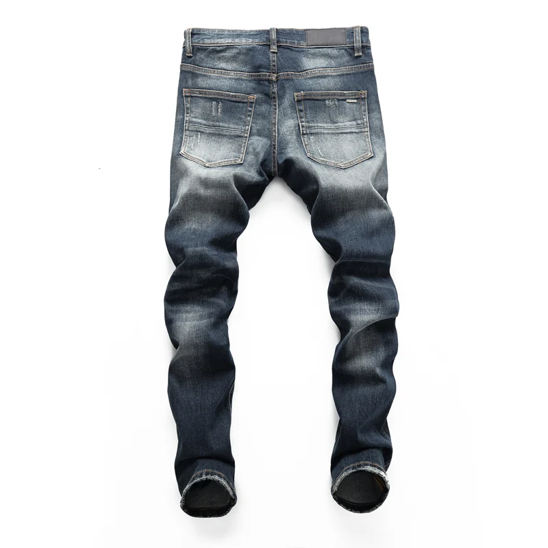 Fashion Streetwear Men Jeans High Quality Retro Blue Elastic Slim Fit Hole Ripped Jeans Men Patch Designer Brand Pants Hombre