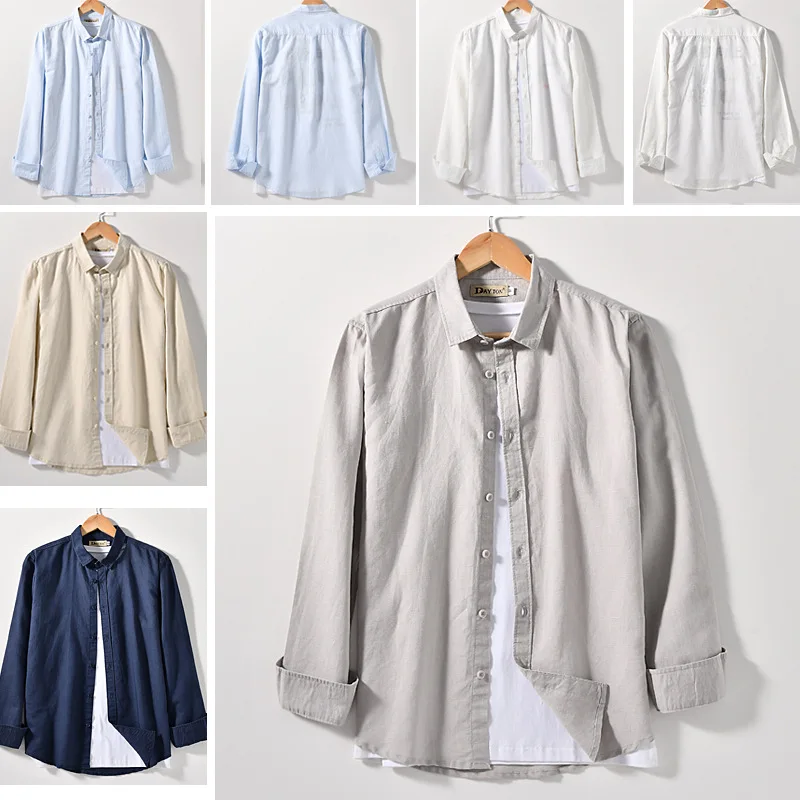 

Spring Summer New Men Long-sleeved Linen Shirt Korean Fashion Casual Hombre Shirts High Quality Cotton Solid Color Shirt Men