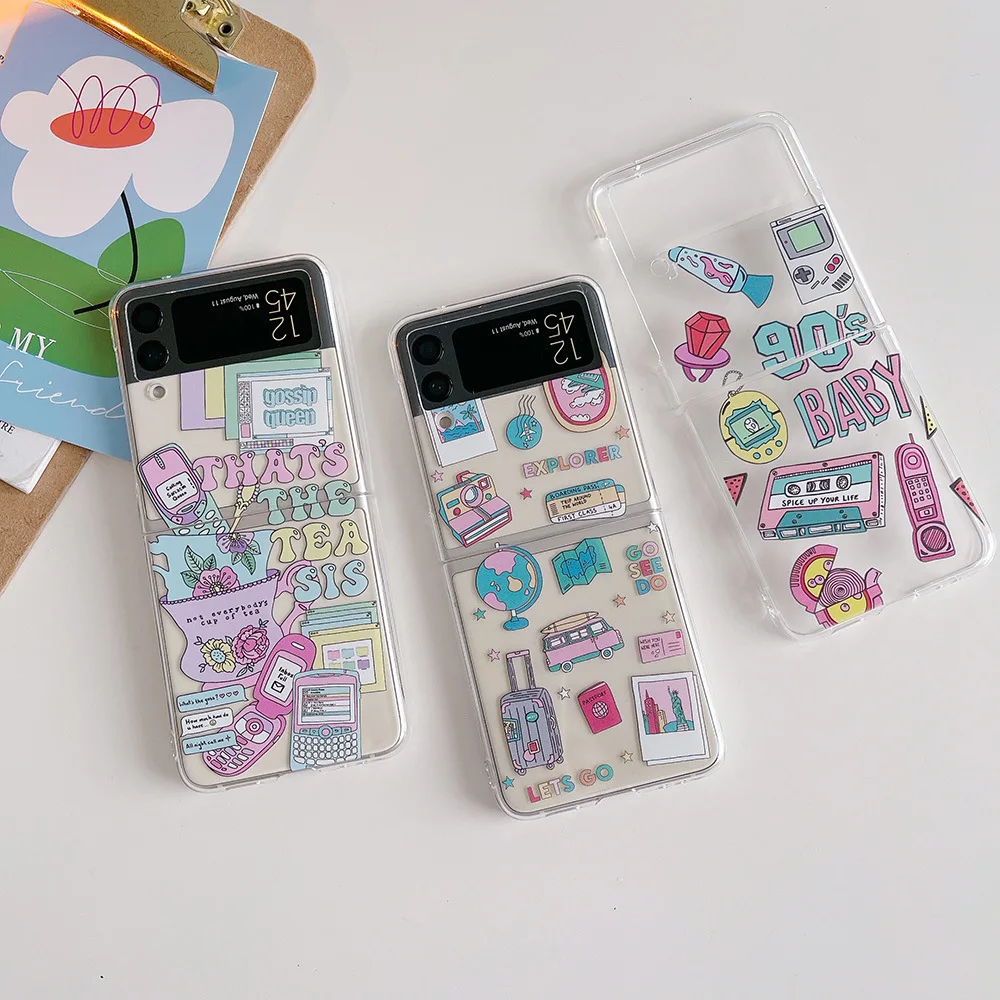 

Vintage Style Color Label Phone Case with Pendant for Samsung Galaxy Z Flip 4 3 Hard Cover for ZFlip3 Zflip4 Solid Shell Bracket
