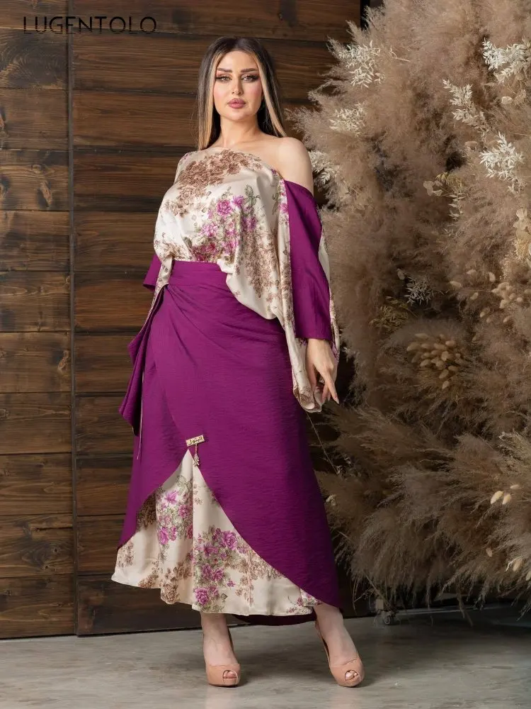 

Женское сексуальное платье-фартук, женское платье из двух предметов, большой свободный пурпурный принт, облегающий грудь, длинный рукав, женская одежда в стиле ампир, Средний Восток