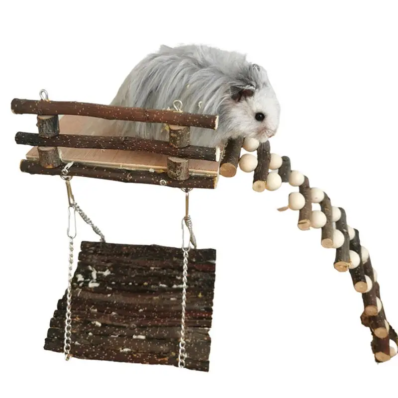 

Natural Hideout For Hamster Guinea Pig Climbing Toy Wear-resistant Natural Wood Activity Platform With Wooden Ladder Fence