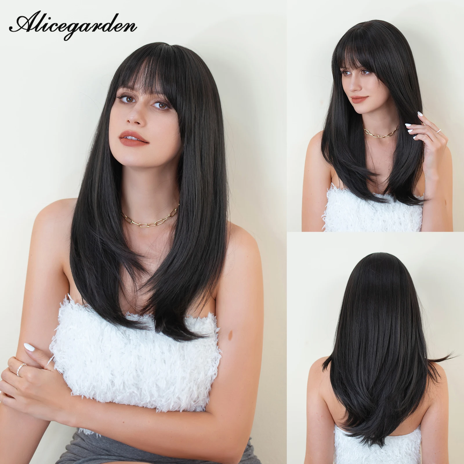 

ALICEGARDEN Straight Black Wigs With Bang Medium Long Natural Synthetic Cosplay Hair Wig For Women Daily Party Heat Resistant