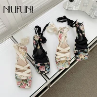niufuni painting print ankle strap women sandals summer 2022 square toe roman stiletto heels sandals fashion elegant dress shoes