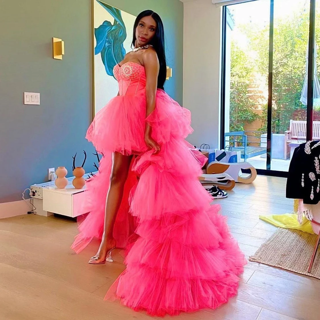 

Gorgeous Long Puffy Prom Dresses Strapless Sleeveless High Low Tulle Pleated Dress Women Elegant Evening Party Gowns Custom Made