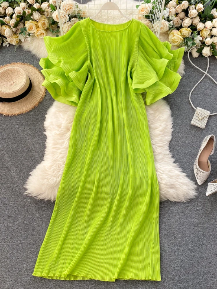 Женское плиссированное платье повседневное Двухслойное свободное средней длины