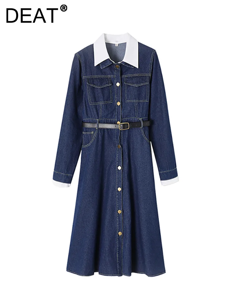 

DEAT Women's Denim Dress Panelled Double Lapel Single Breasted Belt Full Length Long Dresses 2023 Autumn New Fashion 29L2645