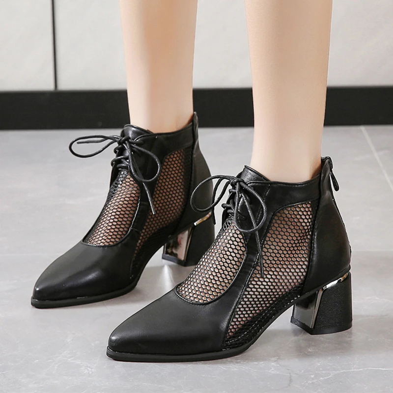 

Mid Heels Shoes Women Ankle Breathable Sandals 2023 Spring New Fashion PU Leather Pointed Toe Pumps Shoes Zipper Mujer Zapatos