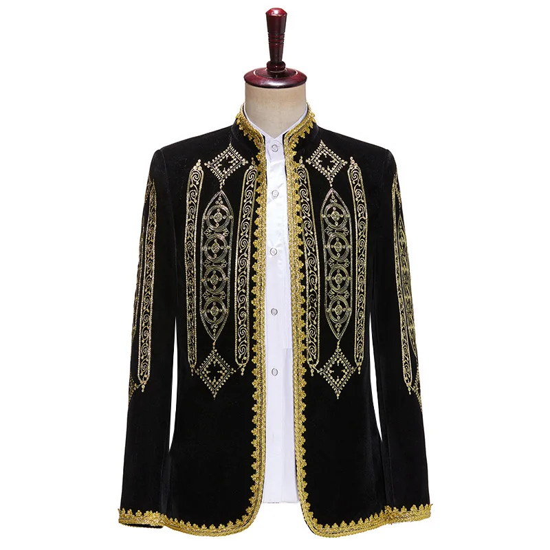 

Stage Prom Show Black Dress Blazer Masculino Gold Embroidery Luxury Blazer Jacket Men Stylish Baroque Style Palace Costume