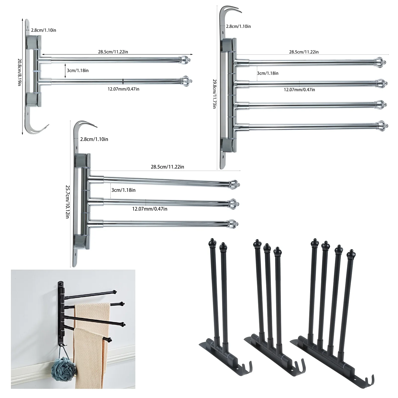 Rail Wall Mounted 30cm Chrome Plated 2/3/4-arms Hook Swivel 