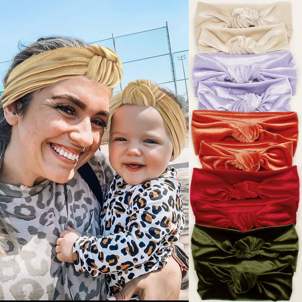 

2pcs/set Mother And Baby Headband Baby Girls Velvet Headband Stretch Turban Knot Head Wraps Mom & Baby Hair Accessories