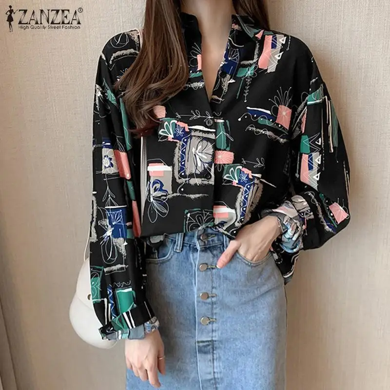 

Коллекция 2022 года, блузка ZANZEA с длинными рукавами, отложным воротником и принтом на пуговицах, Клубная Повседневная рубашка, праздничный бо...