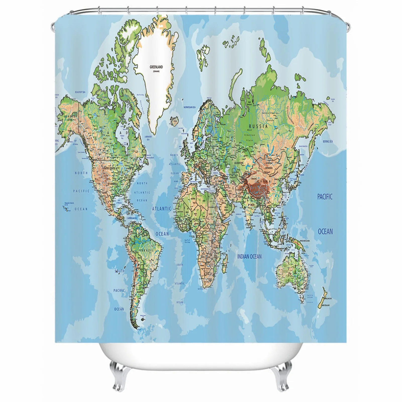 

Shower Curtainsfarmhouse Style Polyester World Map Blue Mold & Mildew Resistant Waterproof With Rustproof Grommets Hooks