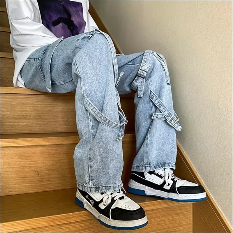 Men's Wear Vintage Hip Hop Loose Bandage Zipper Cargo Pants Versatile Temperament Straight Cylinder Jeans 2022 Winter New Female