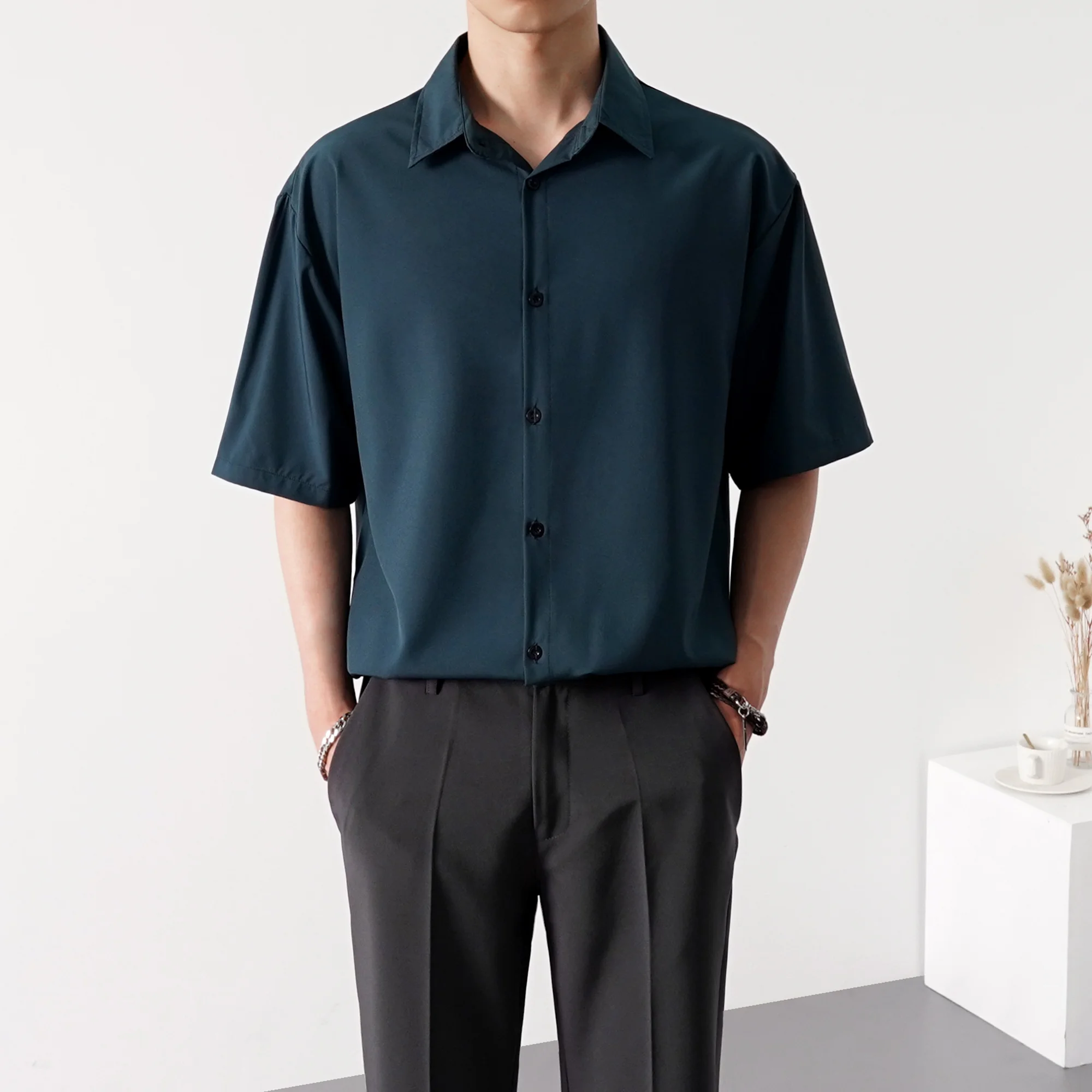 

Summer Ice Silk Cotton Shirt Men High Quality Plus Size Short Sleeve Tops Breathable Business Solid Men's Casual E134