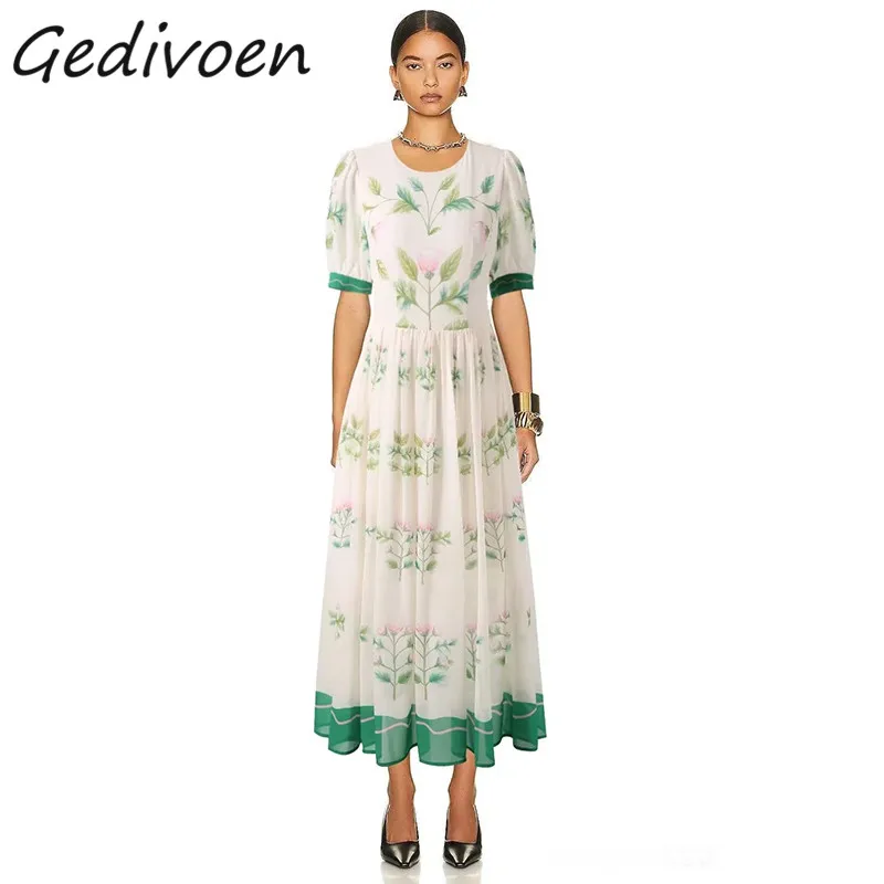 

Летнее модное дизайнерское винтажное платье Gedivoen, женское облегающее платье миди с высокой талией, круглым вырезом и рукавом-фонариком, оборками и цветочным принтом