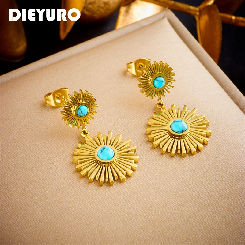 

DIEYURO 316L Stainless Steel Vintage Sun Green Stone Drop Earrings For Women Girl New Fashion Non-fading Ear Jewelry Gift Party