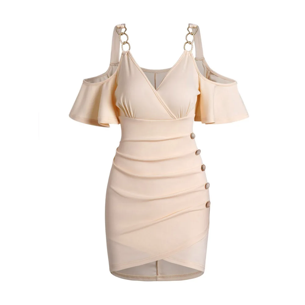 

Облегающее платье с открытыми плечами, рюшами и тюльпанами на подоле, мини-платье на пуговицах