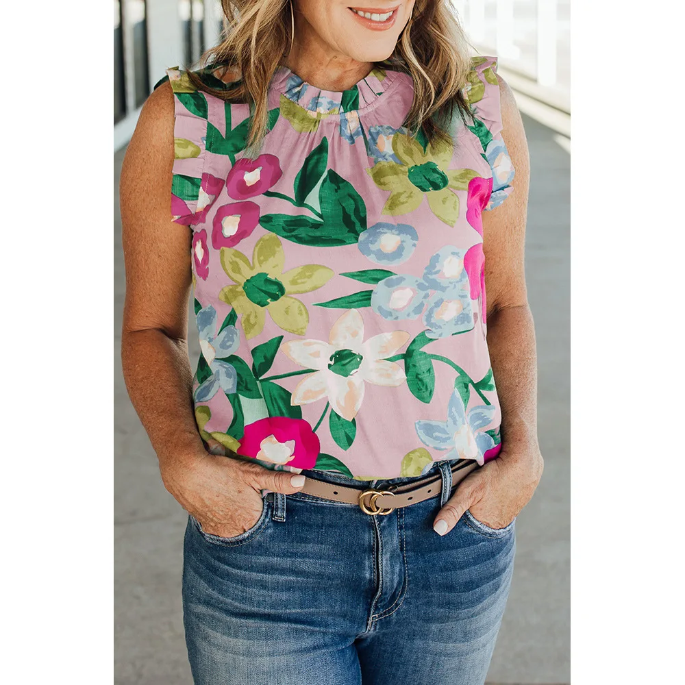 

Women's Tanks & Camis Plant Print sleeveless top ruffled edge crewneck vest