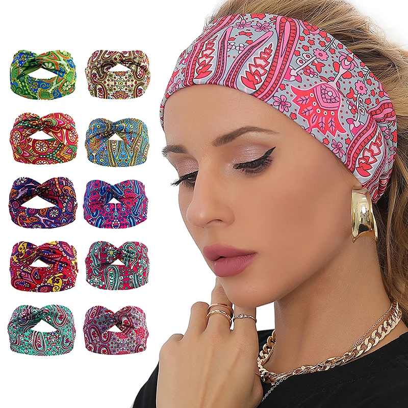 

Cross Elasticity Hair Band Cashew Blossom Sweat Absorbing Turban Headwrap For Women Bohemian Style Sports Headband