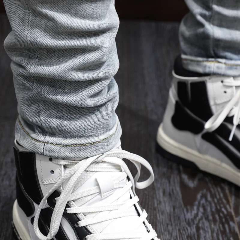 High Street Fashion Men Jeans Retro Blue Elastic Stretch Skinny Fit Ripped Jeans Men Patches Designer Hip Hop Brand Pants Hombre