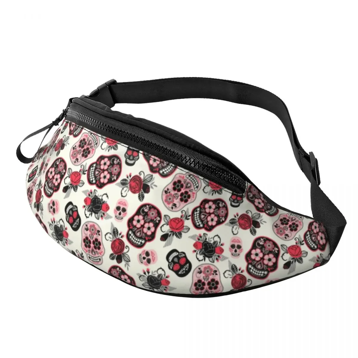 

Calavera Skulls Flower Fanny Pack Women Men Fashion Mexican Floral Crossbody Waist Bag for Traveling Phone Money Pouch